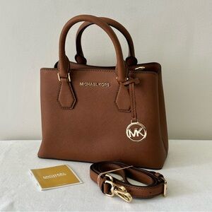 MICHAEL KORS Selma Mini Handbag Brown | Saffiano Leather Designer Satchel